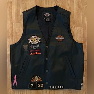 Harley Davidson Motorcycle Patched Pins Black Leather Riding Vest Men’s XL